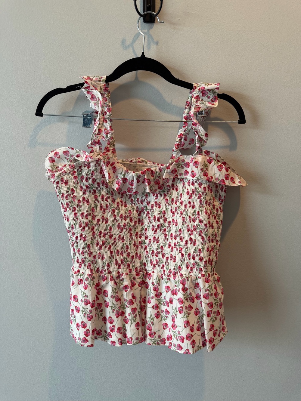 Floral Ruffle Smocked Tank Top - White with Pink Cherry Print